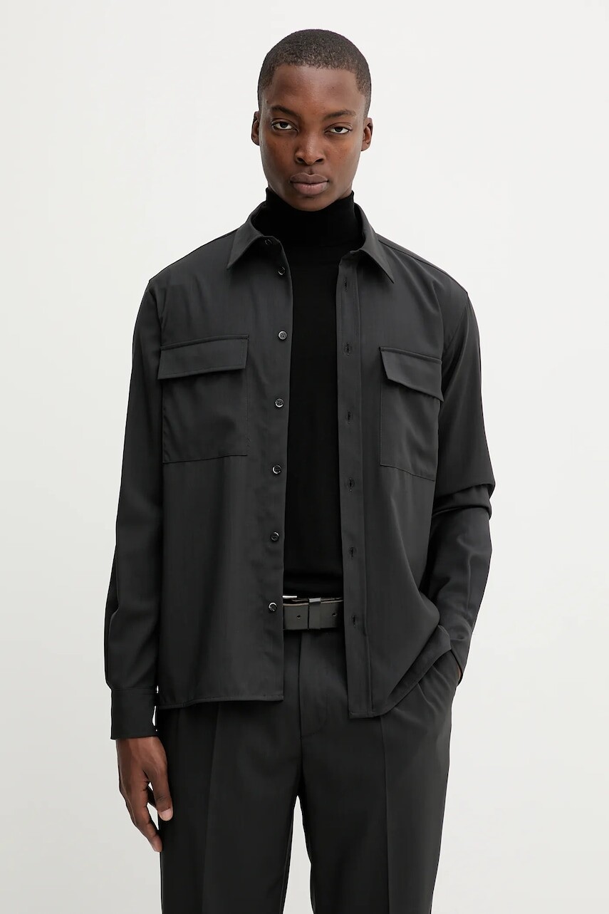 Vlnená košeľa BARENA VENEZIA Camicia Den čierna farba, regular, s klasickým golierom, CAU5267.478