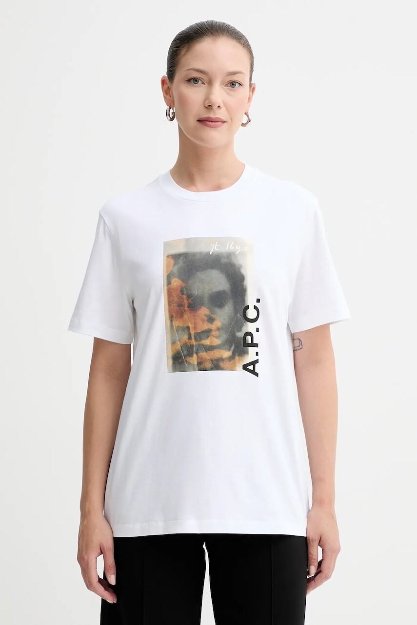 Bavlnené tričko A.P.C. t-shirt jean portrait - gots biela farba, s potlačou, COGYK.M26549
