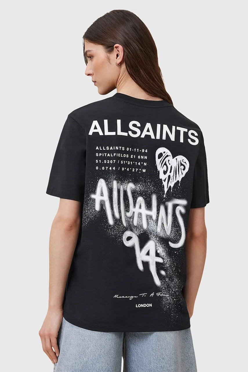 Bavlnené tričko AllSaints POSTER dámske, čierna farba, W035JD