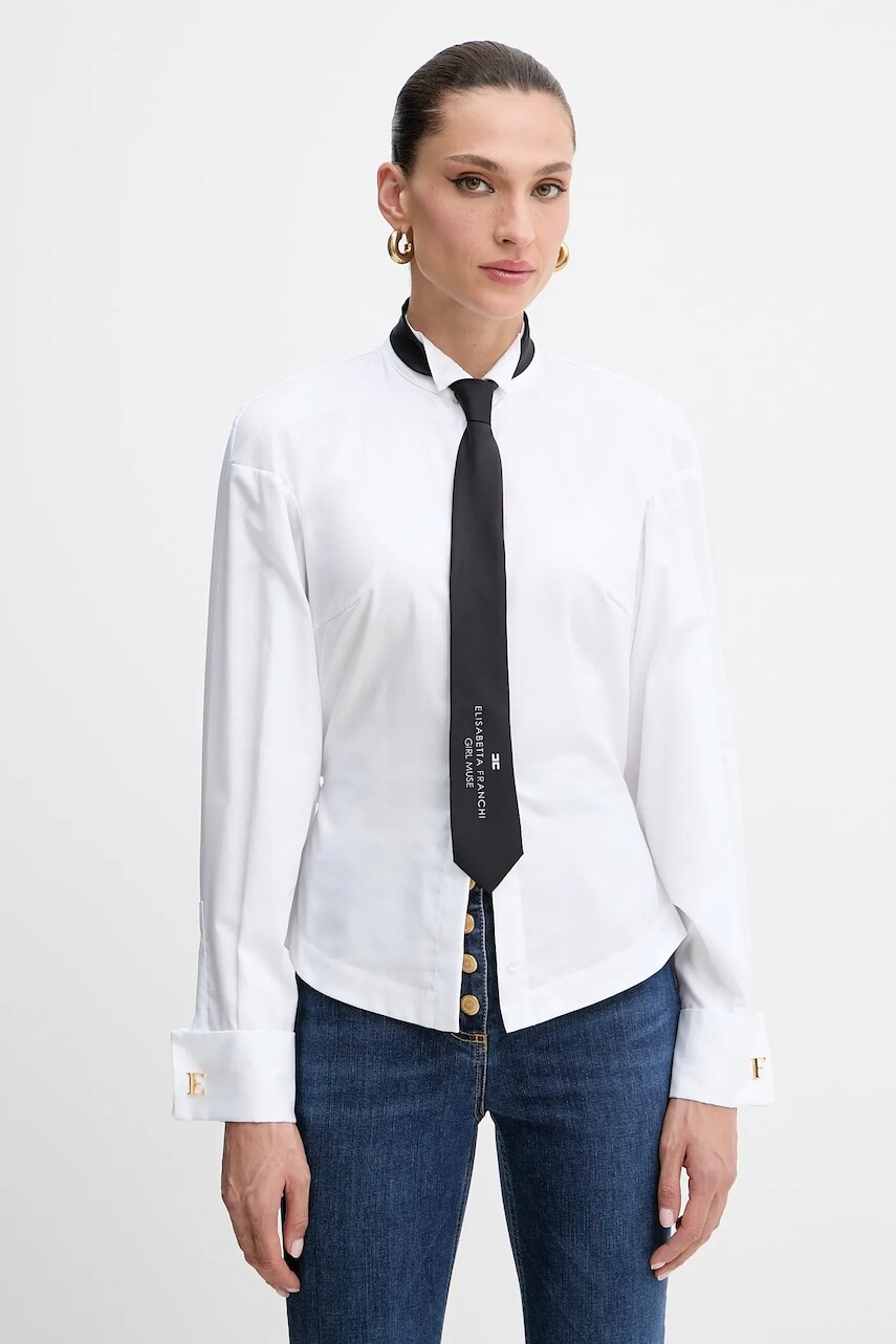 Bavlnená košeľa Elisabetta Franchi biela farba, voľný strih, so stojačikom, CA09156E2