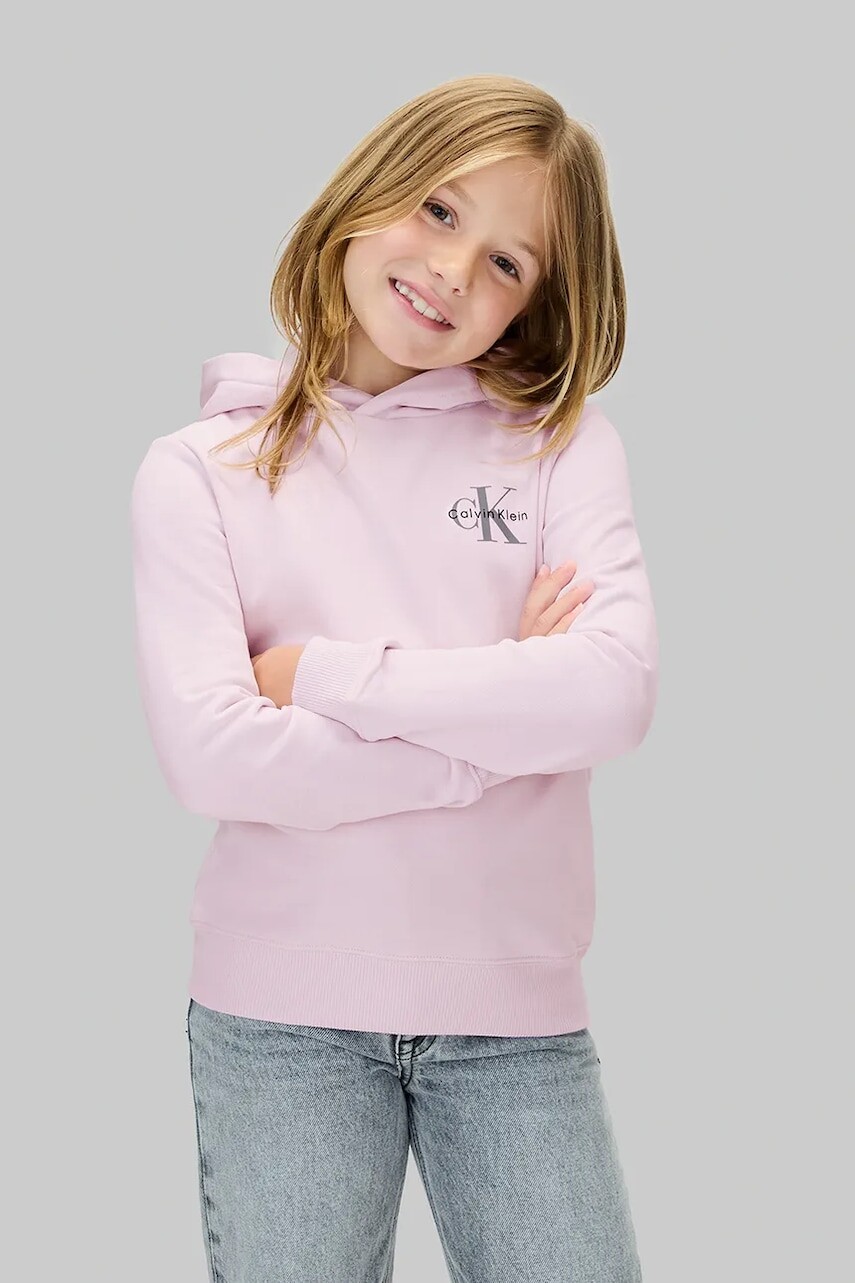 Detská bavlnená mikina Calvin Klein Jeans ružová farba, s kapucňou, s potlačou, IU0IU00712