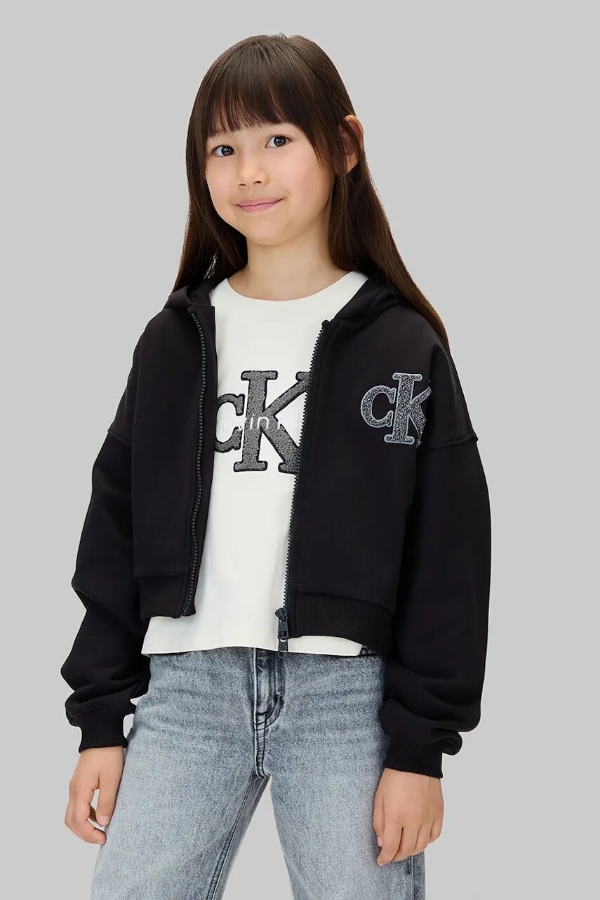 Detská bavlnená mikina Calvin Klein Jeans čierna farba, s kapucňou, s nášivkou, IG0IG03017