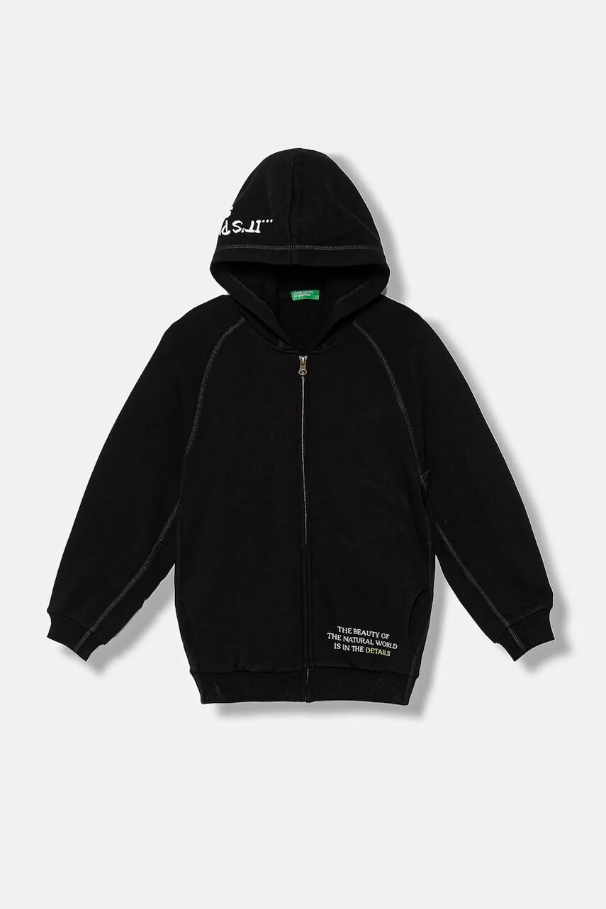 Detská bavlnená mikina United Colors of Benetton čierna farba, s kapucňou, s potlačou, 33NVC505A