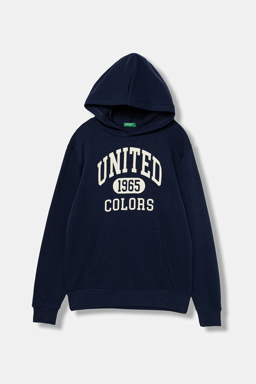 Detská bavlnená mikina United Colors of Benetton tmavomodrá farba, s kapucňou, s potlačou, 3J68C203N