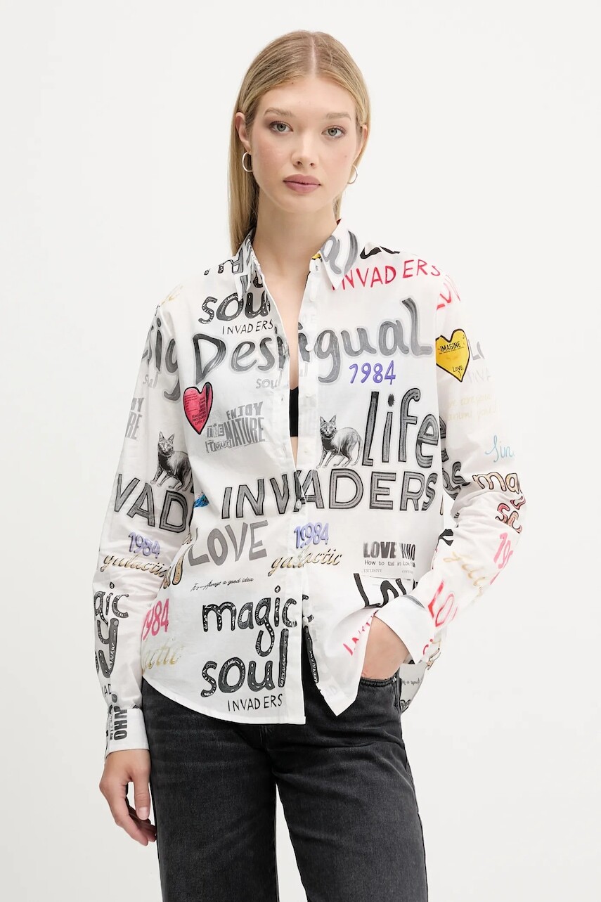Bavlnená košeľa Desigual SOUL šedá farba, voľný strih, s klasickým golierom, 25WWCW10