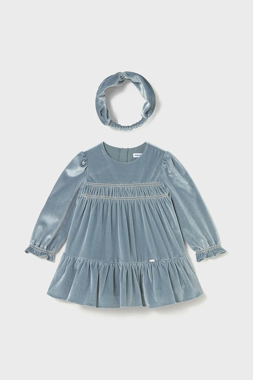 Dievčenské šaty Mayoral modrá farba, mini, áčkový strih, 2904