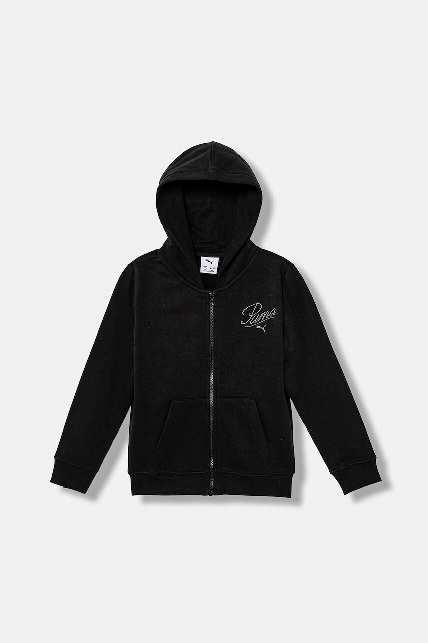 Detská mikina Puma ESS SCRIPT Full-Zip Hoodie FL G čierna farba, s kapucňou, s nášivkou, 689253