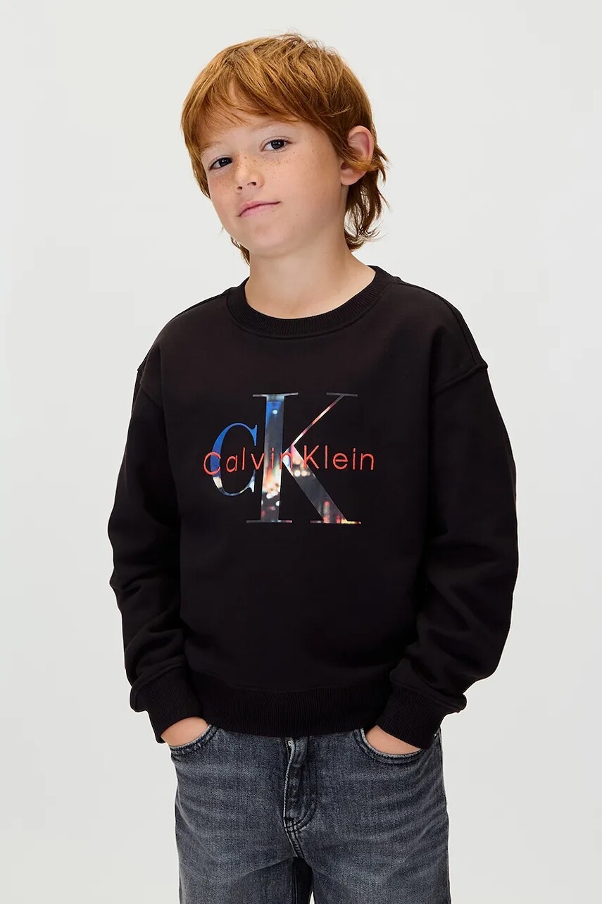 Detská bavlnená mikina Calvin Klein Jeans čierna farba, s potlačou, IB0IB02562