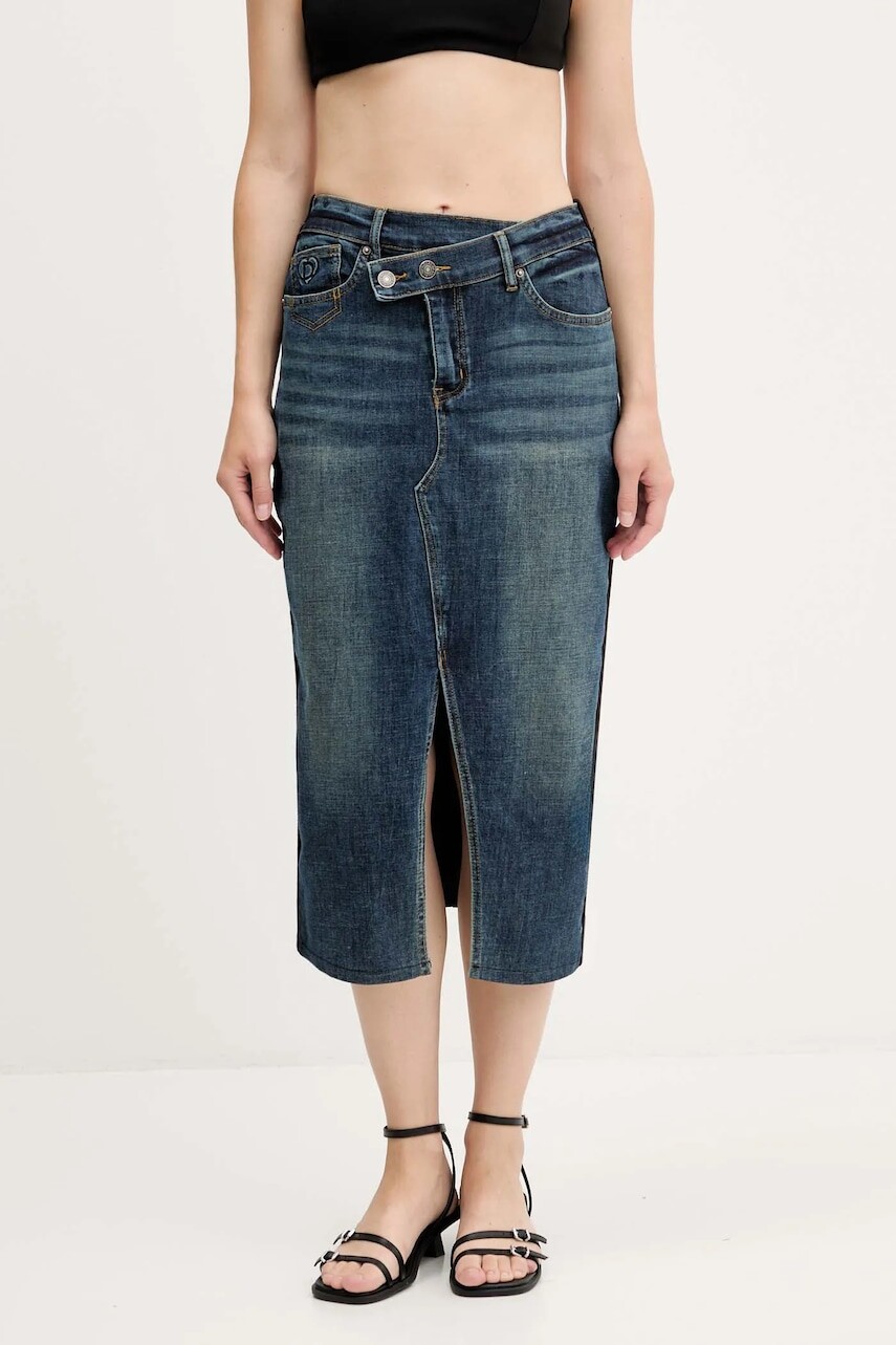 Rifľová sukňa Desigual TWISTED tmavomodrá farba, midi, puzdrová, 25WWFD03