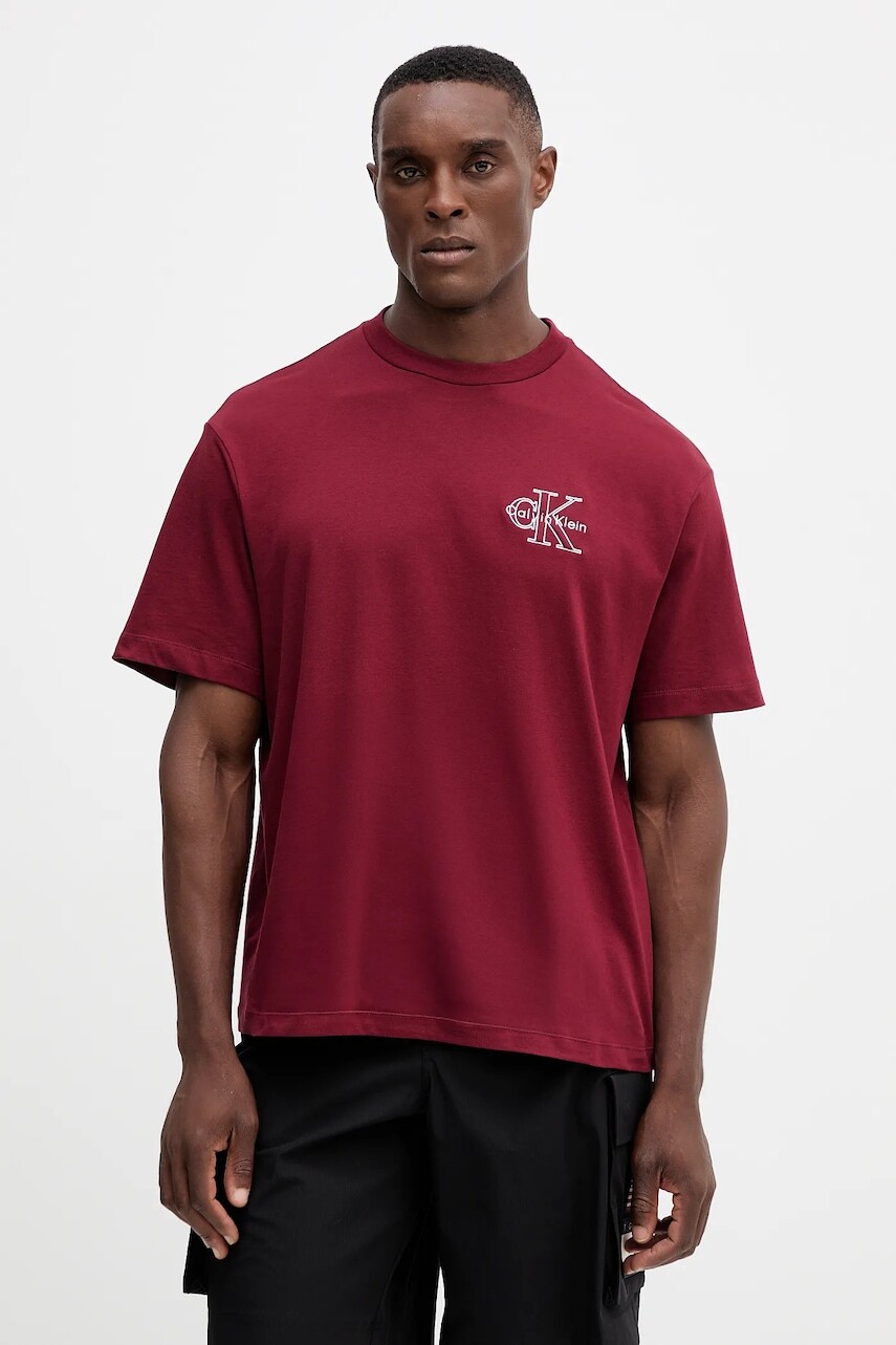 Bavlnené tričko Calvin Klein Jeans pánske, bordová farba, s nášivkou, LV04RC856G