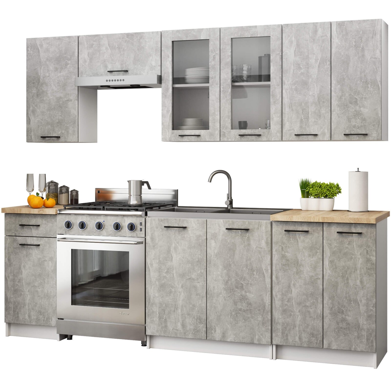 Kuchyňská linka Olivie 2,4 m H720 prosklená beton/dub sonoma