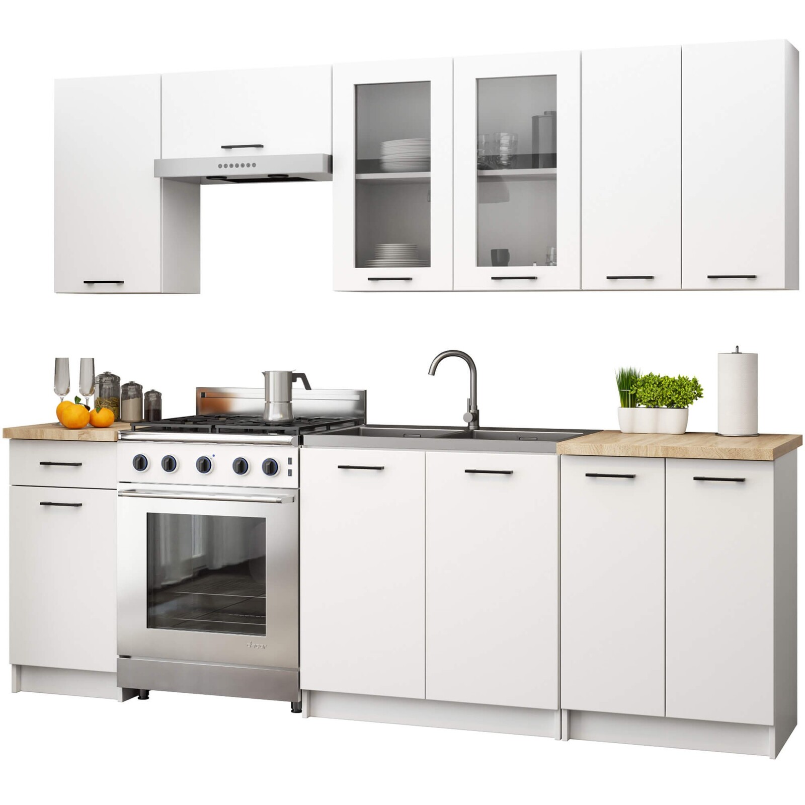 Kuchyňská linka Olivie 2,4 m H720 prosklená bílá/dub sonoma