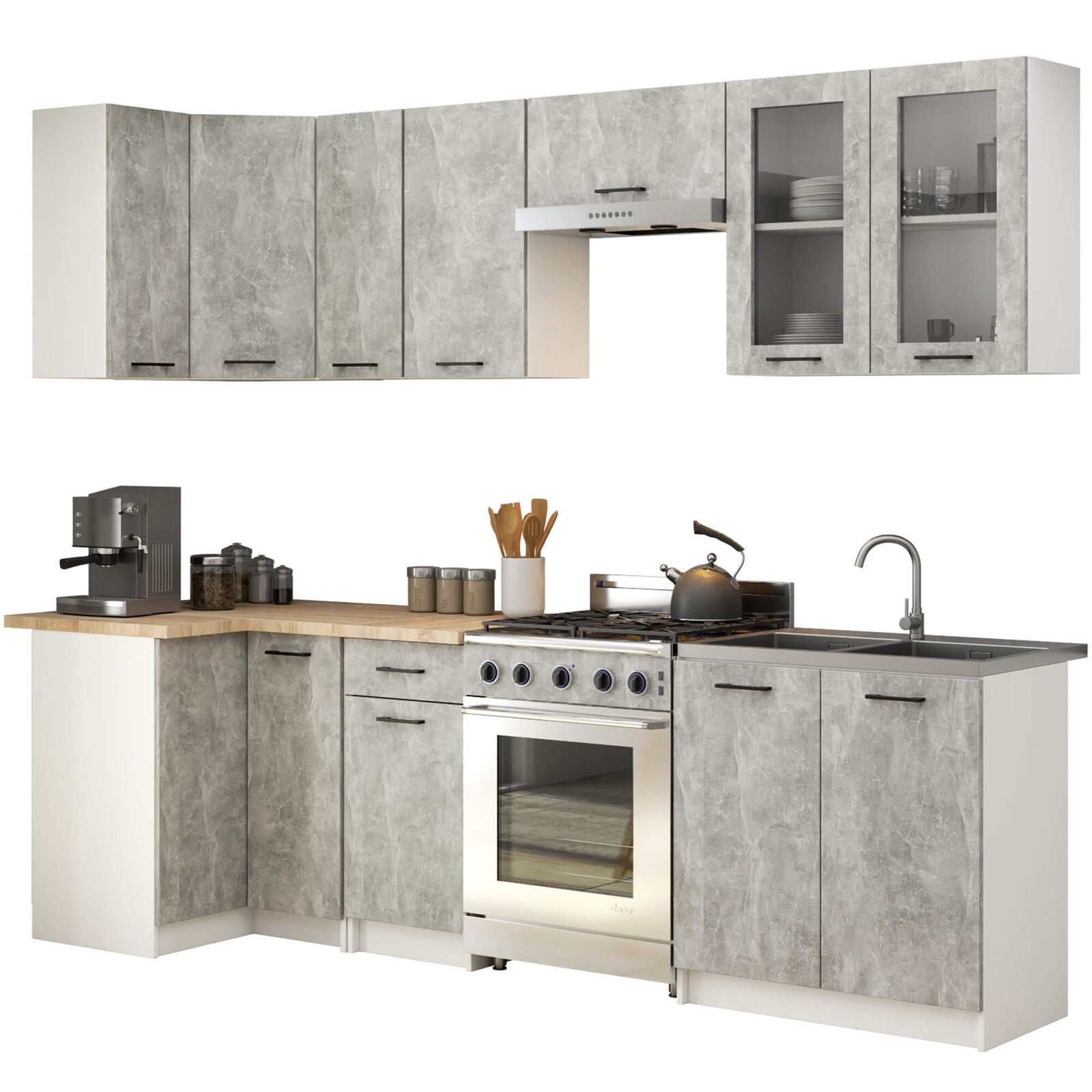 Kuchyňská rohová linka Olivie 3 m H720 prosklená beton/dub sonoma