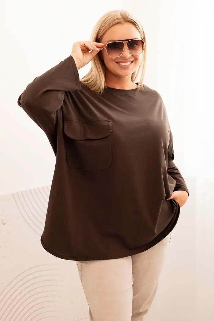 Kesi Włoski Dámska blúzka Plus Size s bavlnou, s vreckom a s podhodeným rukávom hnedá
