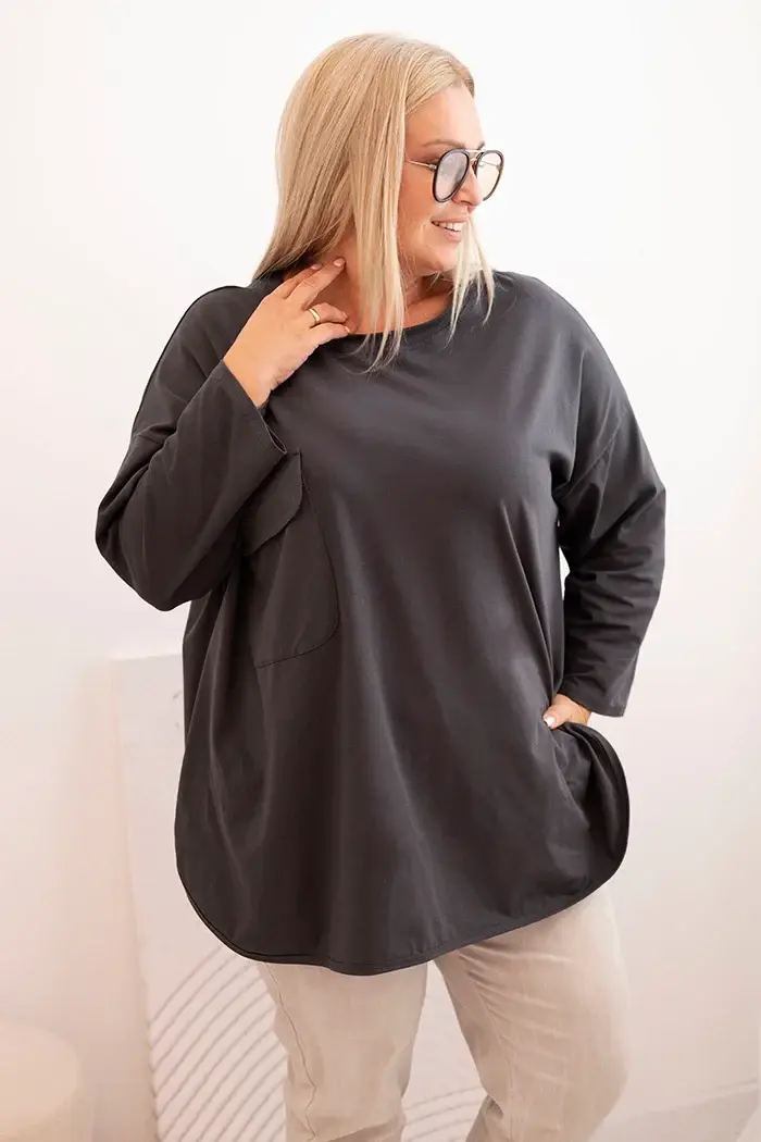 Kesi Włoski Dámska blúzka Plus Size s bavlnou, s vreckom a s vyhrnutým rukávom grafitová