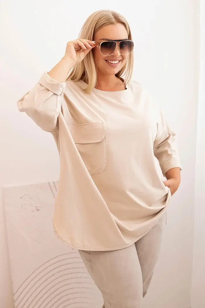 Kesi Włoski Dámska blúzka Plus Size s bavlnou, s vreckom a s rukávom na podhodenie béžová