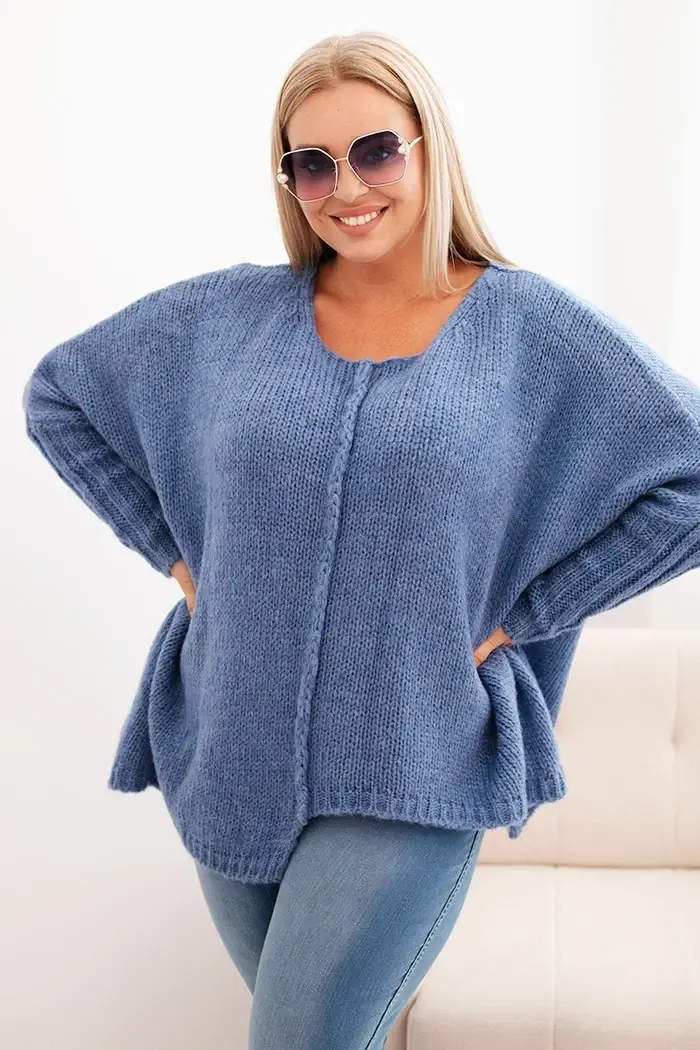 Kesi Włoski Dámsky sveter Plus Size z akrylom s voľným strihom a rukávom 3/4 denimový