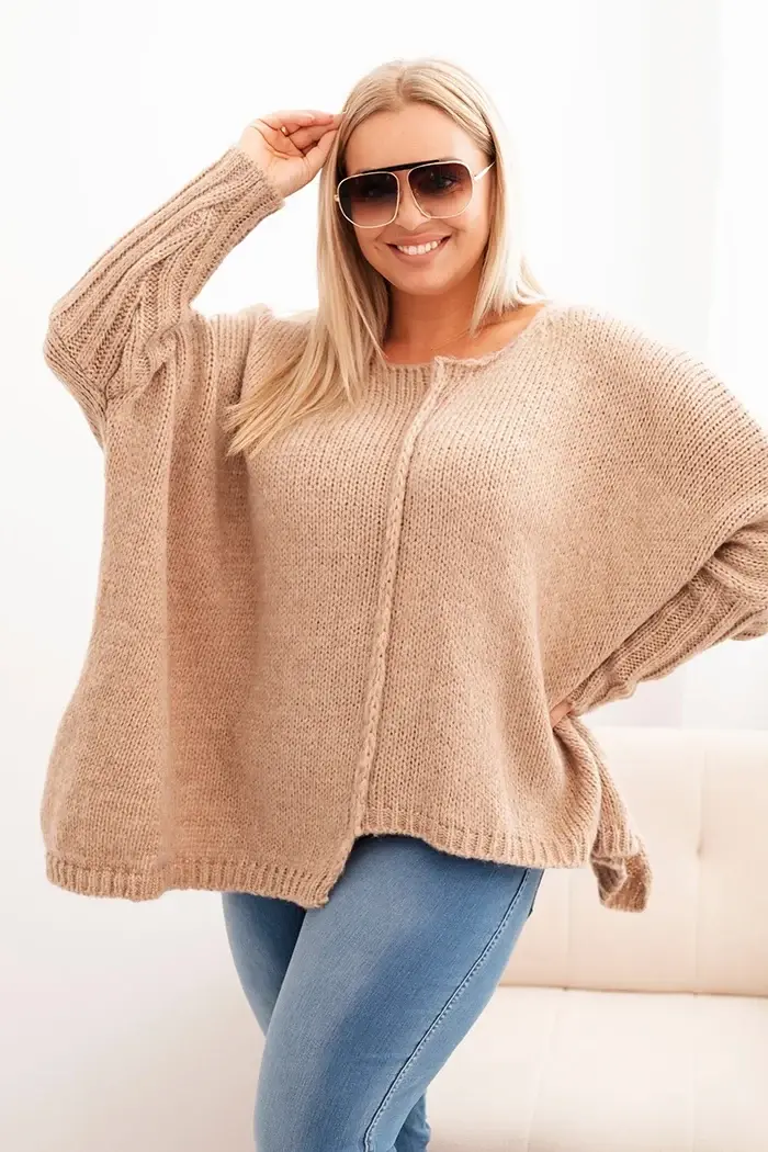 Kesi Włoski Dámsky sveter Plus Size z akrylom vo voľnom strihu a rukávom 3/4 camelový