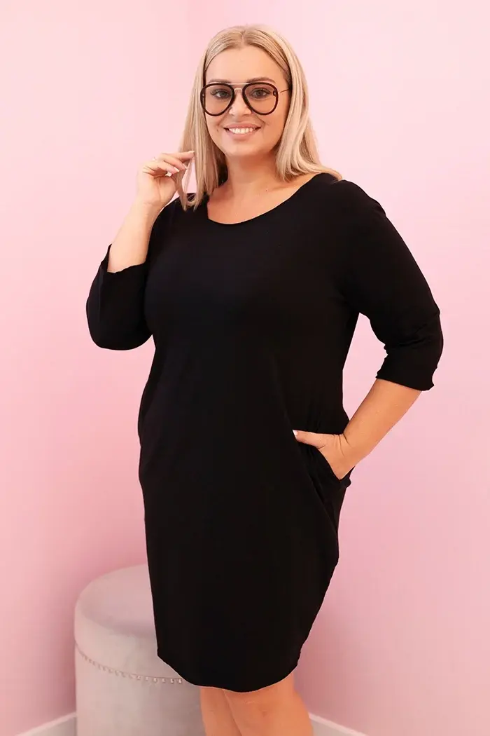 Kesi Włoski Dámska sukňa Plus Size z bavlnou s jednoduchým strihom a 3/4 rukávom čierna