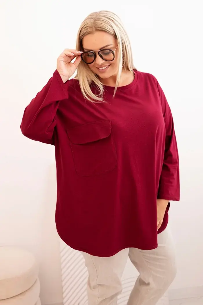 Kesi Włoski Dámska blúzka Plus Size s bavlnou, s vreckom a s vyhrnutým rukávom bordová