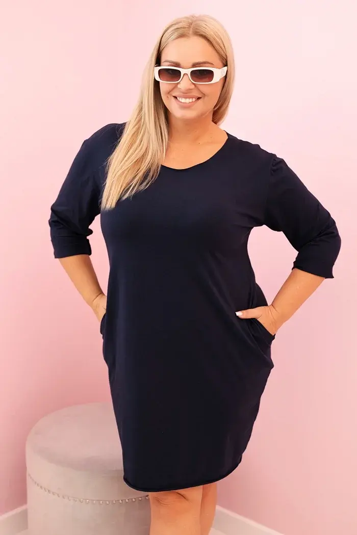 Kesi Włoski Dámska sukňa Plus Size z bavlnou s jednoduchým strihom a rukávom 3/4 modrá