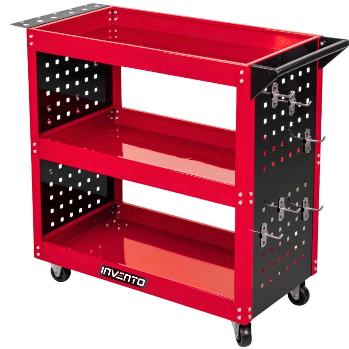 Tool cabinet/workshop trolley with 3 shelves and perforated side panels, capacity 100 kg INVENTO