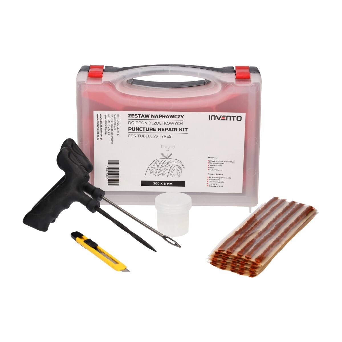 Tyre repair kit in a carrying case (204 mm cords, insertion tool, applicator, knife, grease)