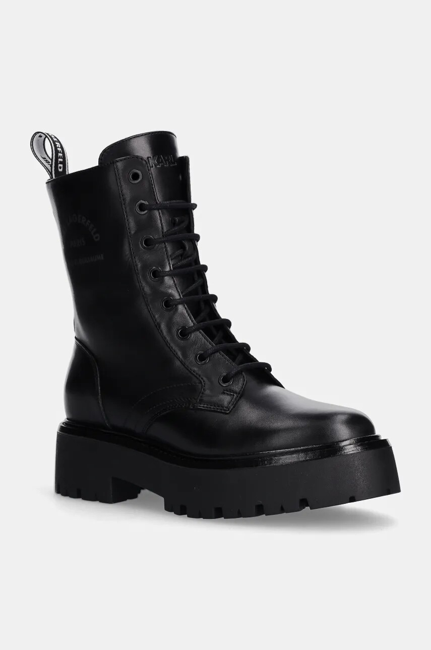 Kožené workery Karl Lagerfeld BURLY BIKER dámske, čierna farba, na plochom podpätku, KL43455