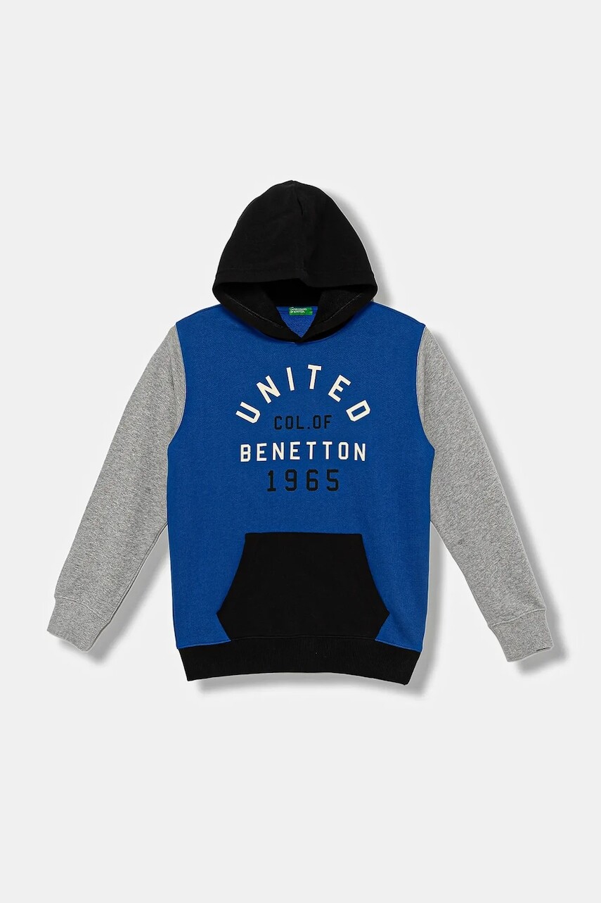 Detská bavlnená mikina United Colors of Benetton modrá farba, s kapucňou, s potlačou, 3J68C204V