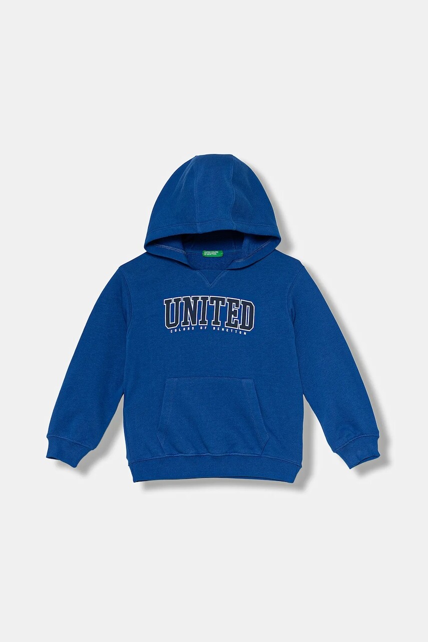 Detská bavlnená mikina United Colors of Benetton modrá farba, s kapucňou, s potlačou, 3J68G200Q