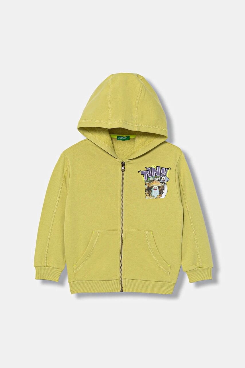 Detská bavlnená mikina United Colors of Benetton zelená farba, s kapucňou, s potlačou, 33NVG5041