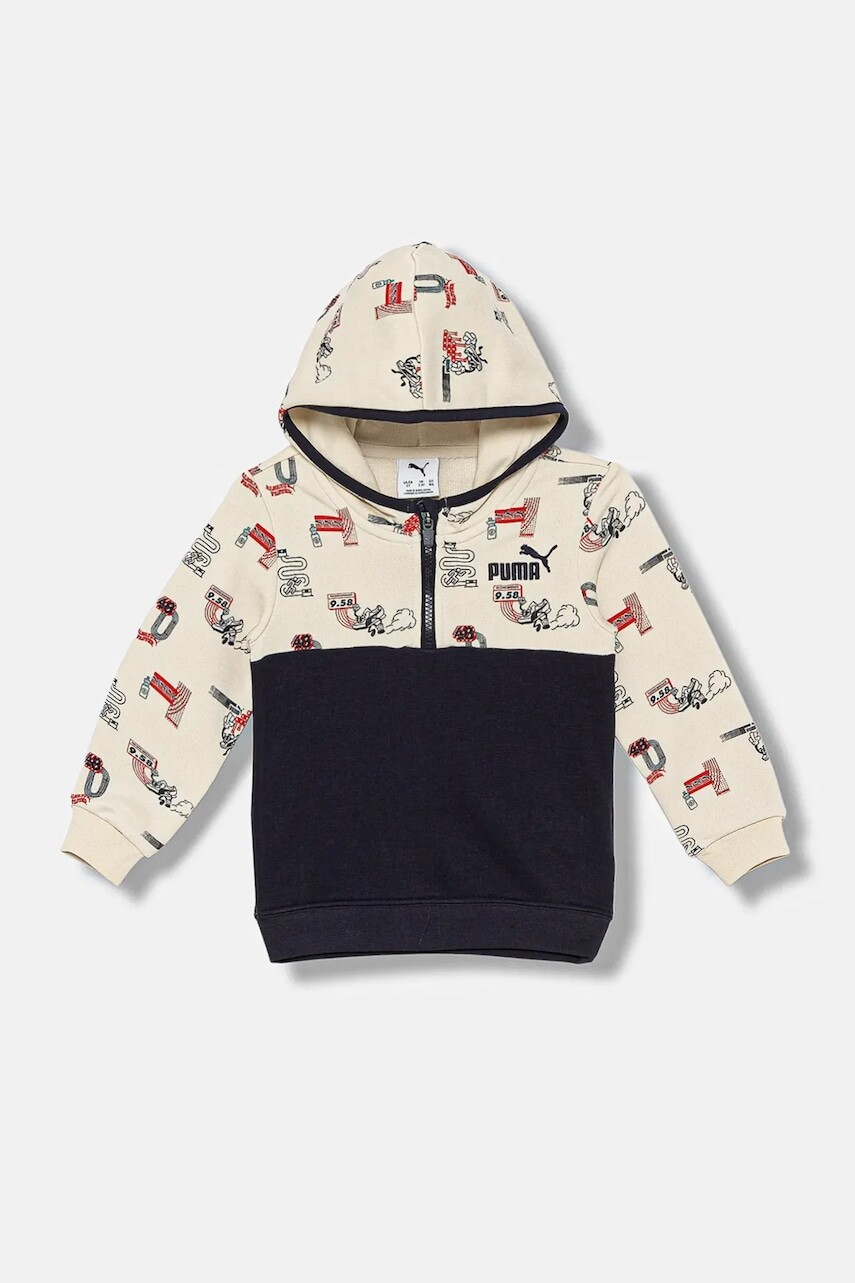 Detská mikina Puma LITTLE RUNNERS Half-Zip Hoodie PS béžová farba, s kapucňou, vzorovaná, 688478