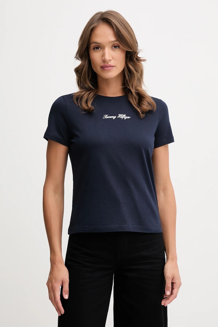Bavlnené tričko Tommy Hilfiger dámske, tmavomodrá farba, WW0WW47460