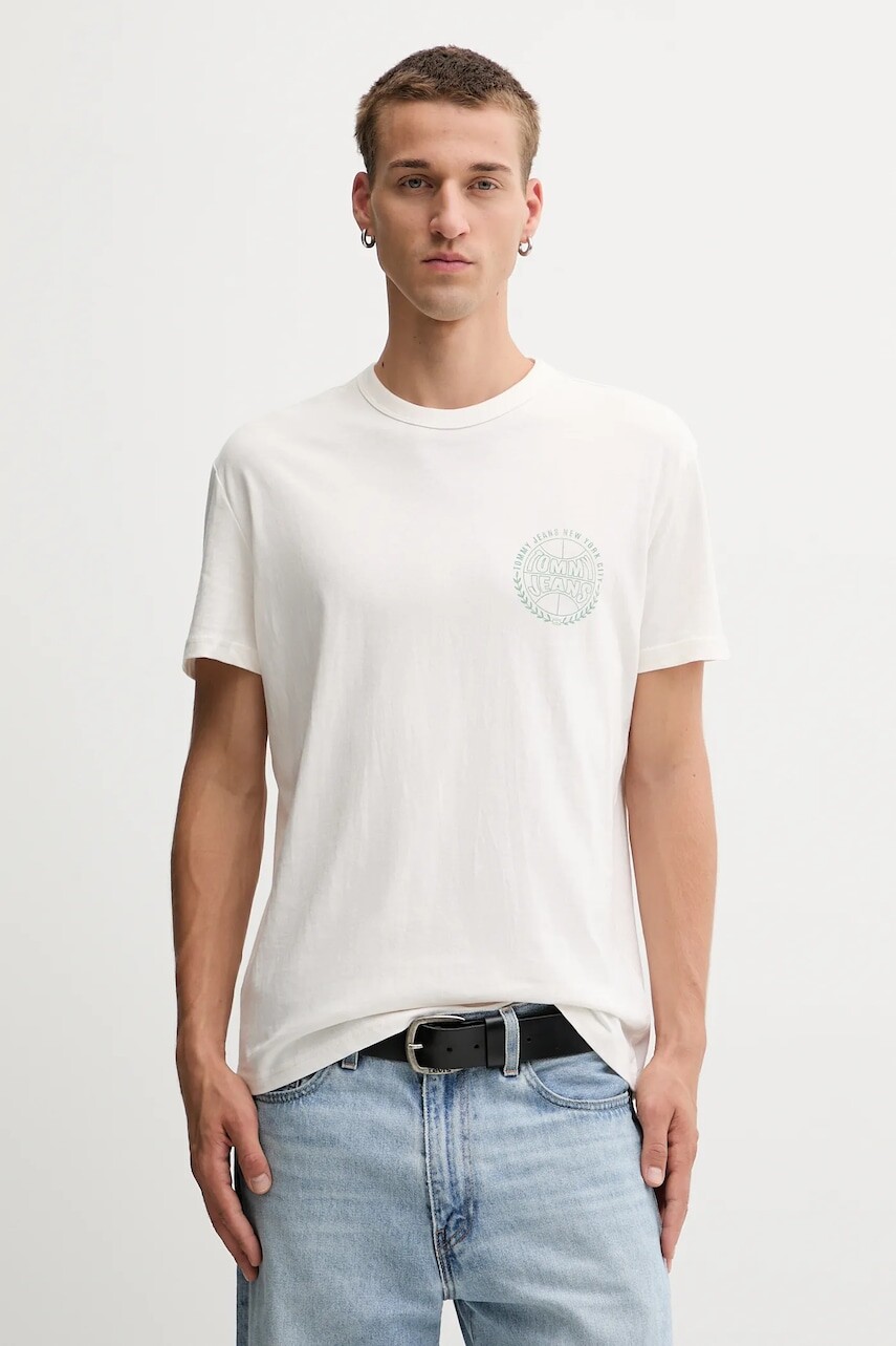 Bavlnené tričko Tommy Jeans pánske, béžová farba, vzorované, DM0DM21987