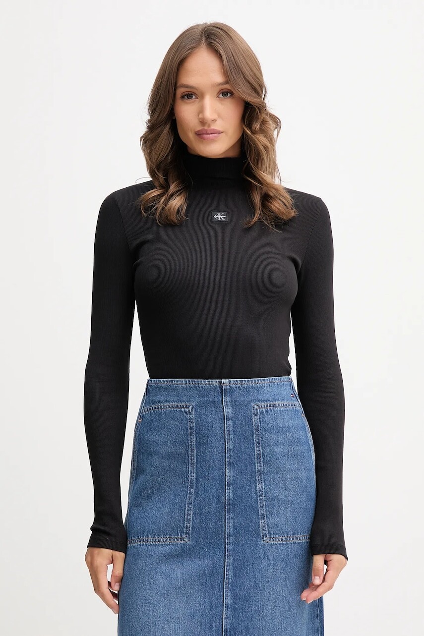 Tričko s dlhým rukávom Calvin Klein Jeans čierna farba, s polorolákom, LV047D203G