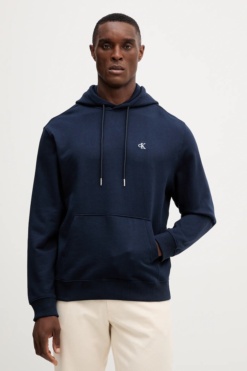 Bavlnená mikina Calvin Klein Jeans tmavomodrá farba, s kapucňou, jednofarebná, LV04RC297G