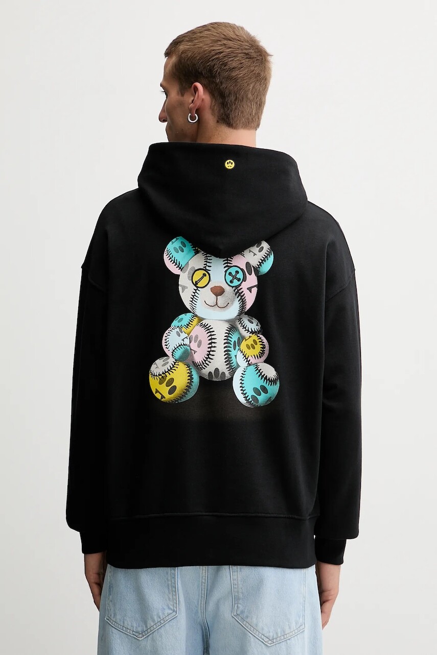 Bavlnená mikina Barrow čierna farba, s kapucňou, vzorovaná, F5BWUAHS051