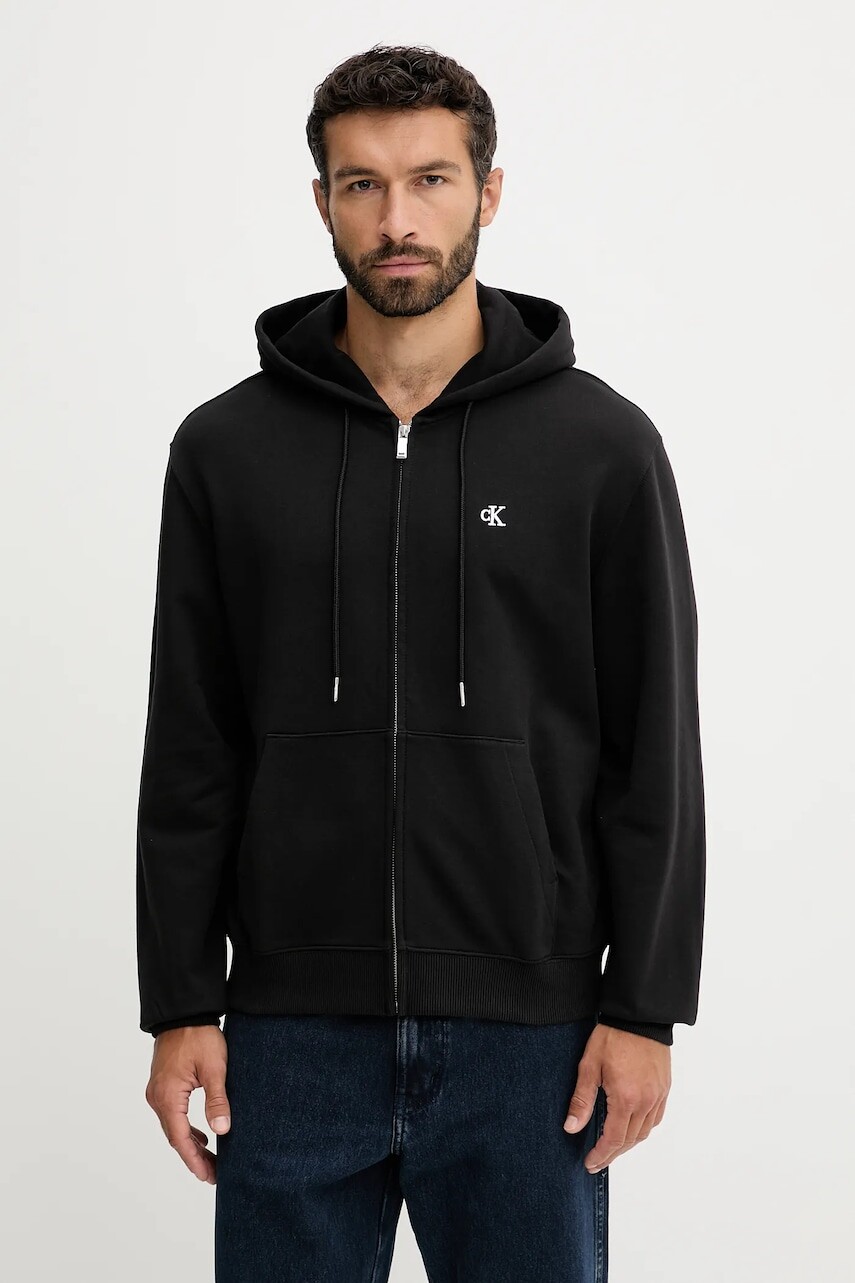 Bavlnená mikina Calvin Klein Jeans čierna farba, s kapucňou, jednofarebná, LV04RD240G