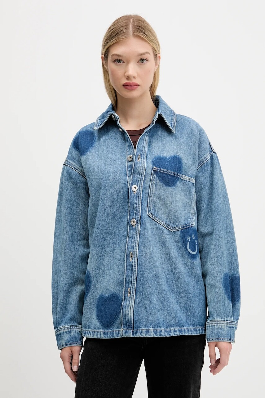 Rifľová košeľa Hugo Blue modrá farba, voľný strih, s klasickým golierom, 50544492