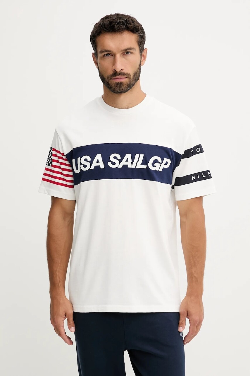 Bavlnené tričko Tommy Hilfiger x SAIL GP pánske, béžová farba, s potlačou, MW0MW41418