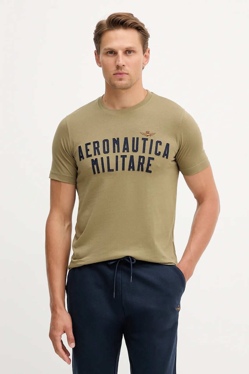 Bavlnené tričko Aeronautica Militare pánske, zelená farba, s nášivkou, TS2478UJ00641