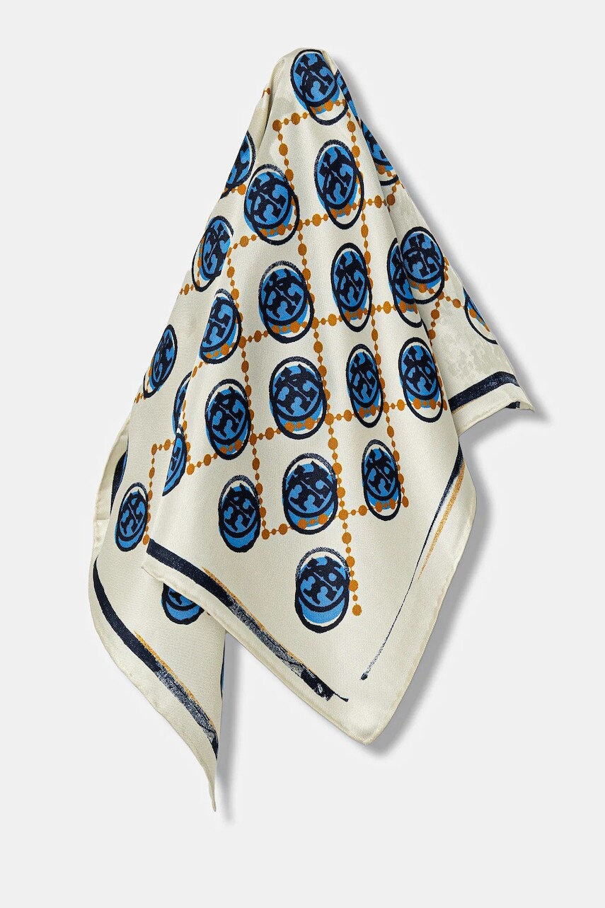 Hodvábna šatka Tory Burch Stamped T Monogram béžová farba, vzorovaná, 178248.100