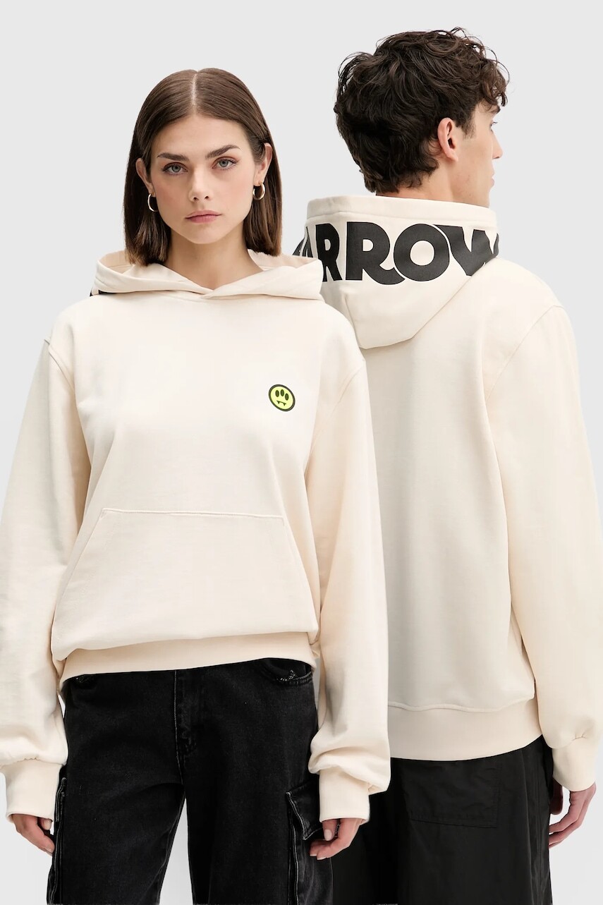 Bavlnená mikina Barrow béžová farba, s kapucňou, s potlačou, F5BWUAHS058