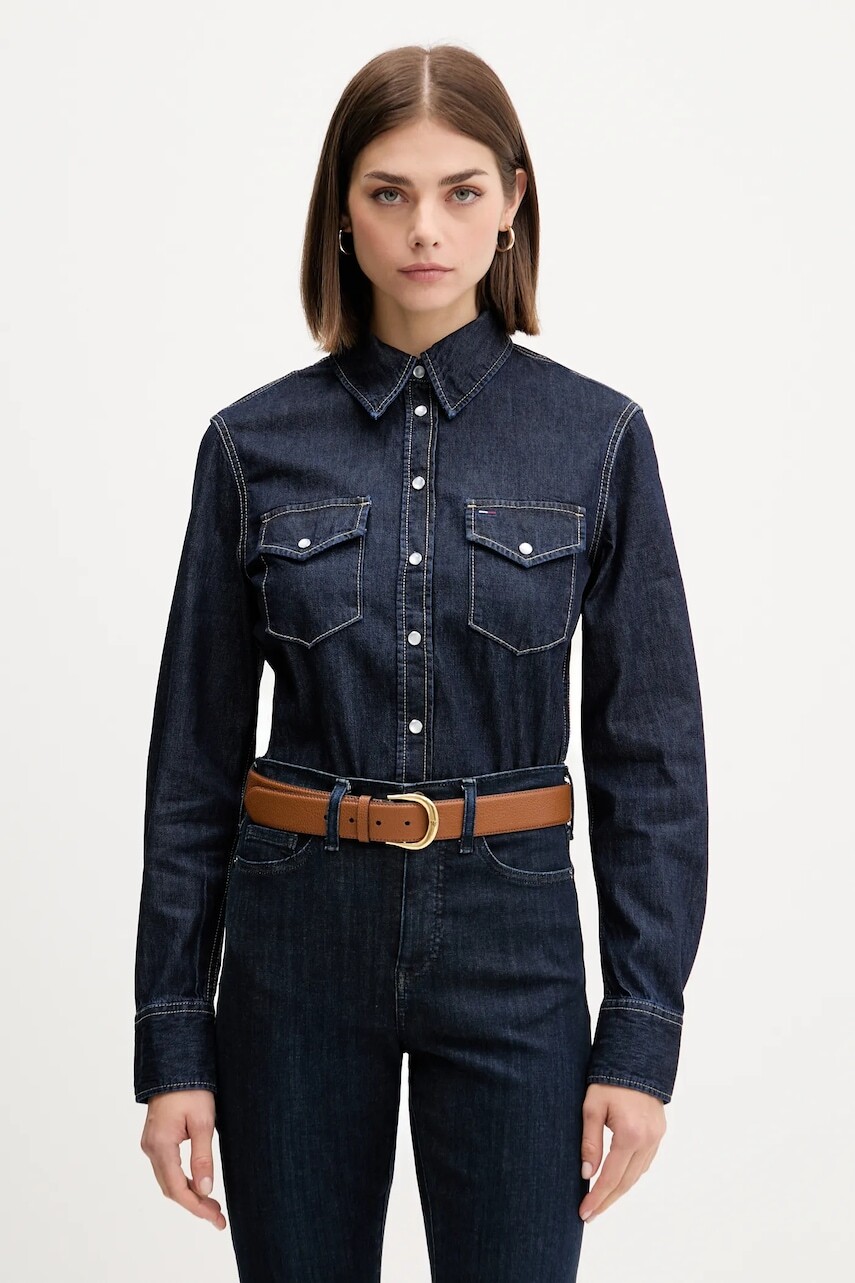 Rifľová košeľa Tommy Jeans tmavomodrá farba, regular, s klasickým golierom, DW0DW21653