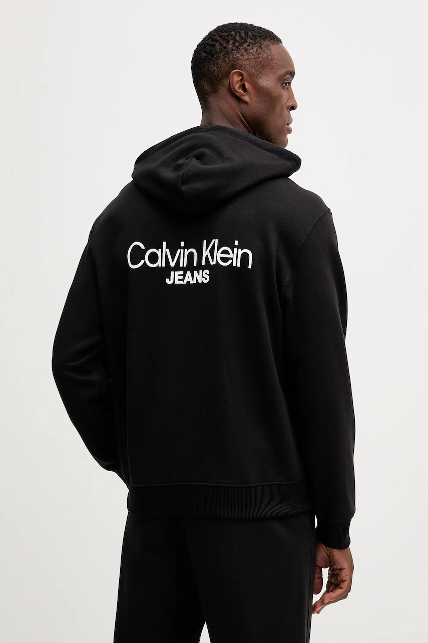 Bavlnená mikina Calvin Klein Jeans čierna farba, s kapucňou, s potlačou, LV04RD002G