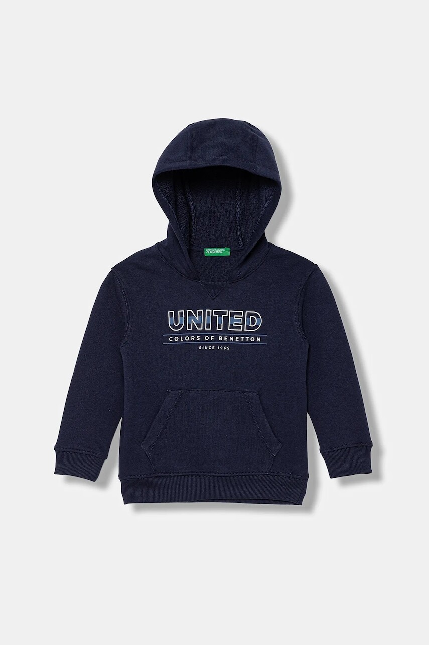 Detská bavlnená mikina United Colors of Benetton tmavomodrá farba, s kapucňou, vzorovaná, 3J68G2014