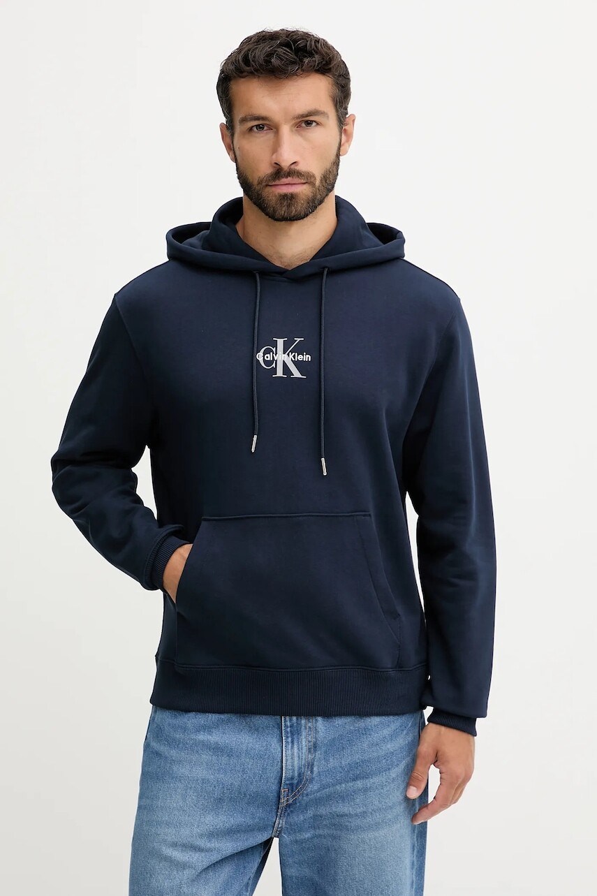 Bavlnená mikina Calvin Klein Jeans tmavomodrá farba, s kapucňou, s potlačou, LV04RD243G