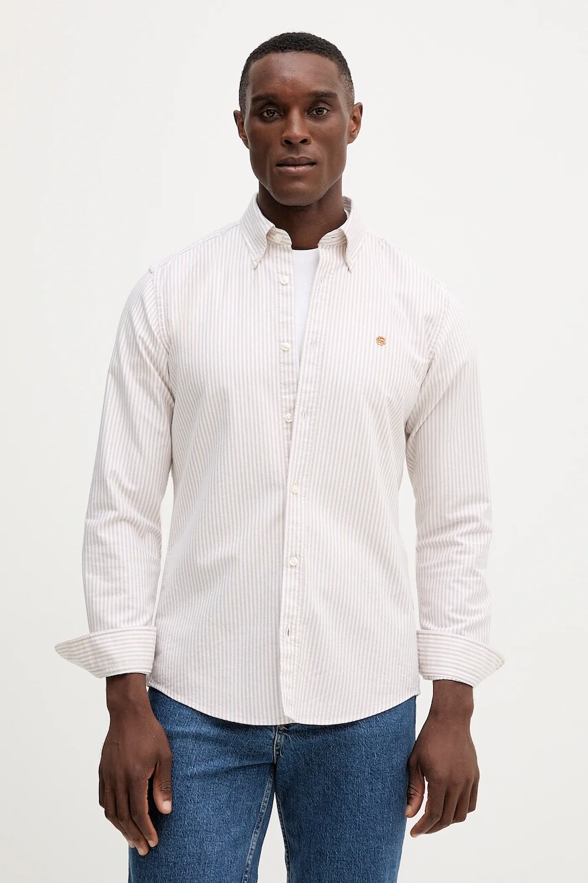 Bavlnená košeľa BOSS béžová farba, slim, s golierom button-down, 50544976