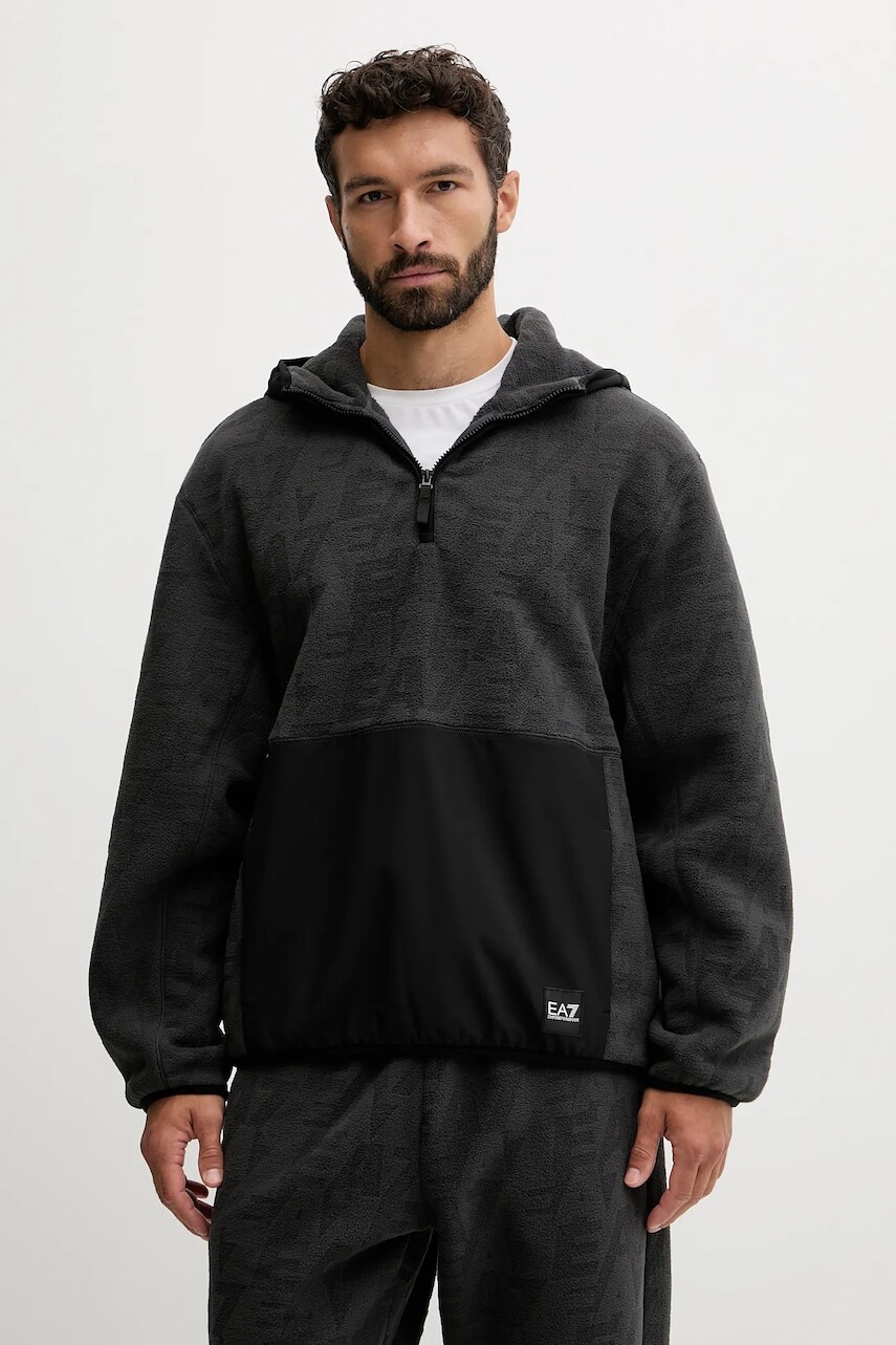 Fleecová mikina EA7 Emporio Armani čierna farba, s kapucňou, jednofarebná, AF16804.7M000982