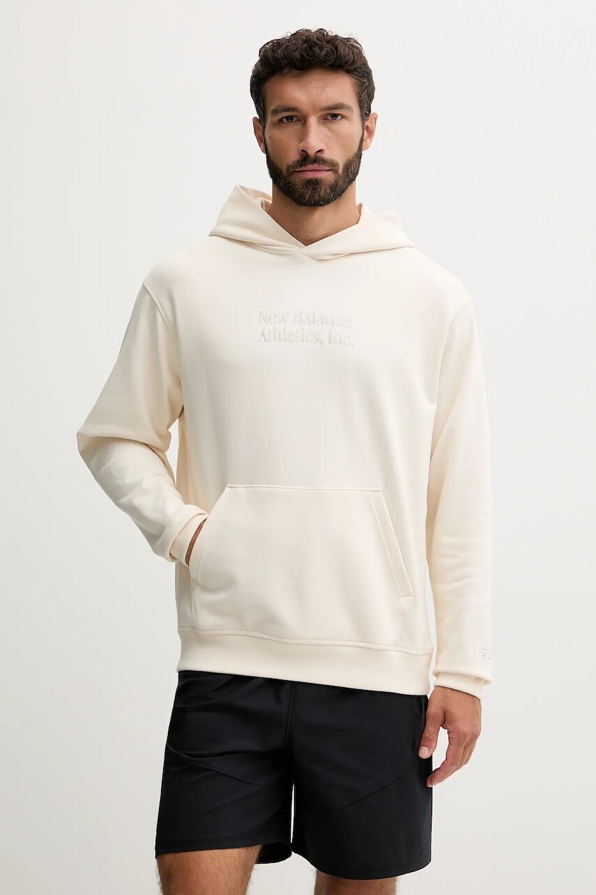 Bavlnená mikina New Balance béžová farba, s kapucňou, s nášivkou, MT53925PEF